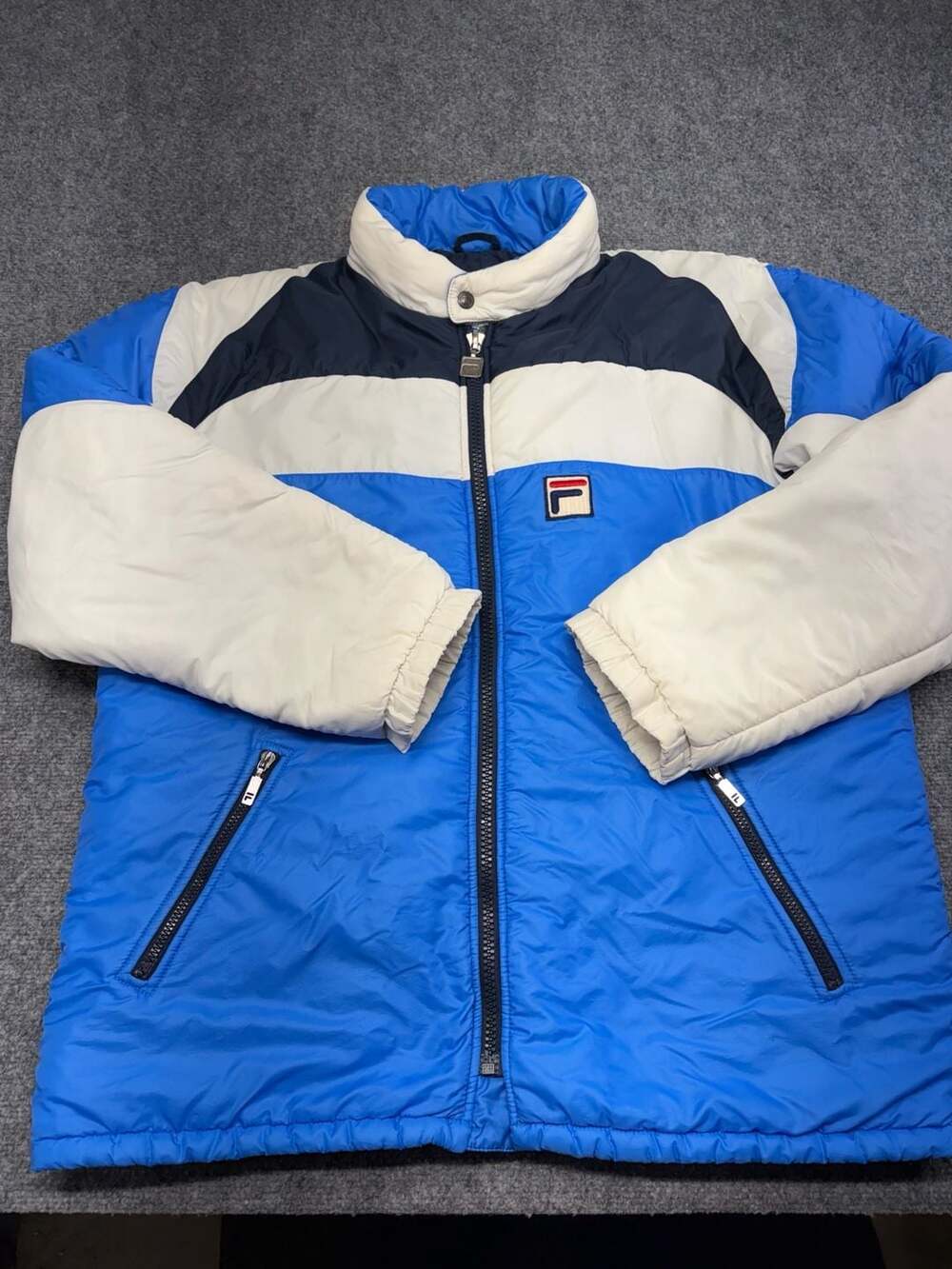 Vintage 1990s FILA Puffer Jacket XL Rap Hip Hop Full Zip Blue white-black Parka